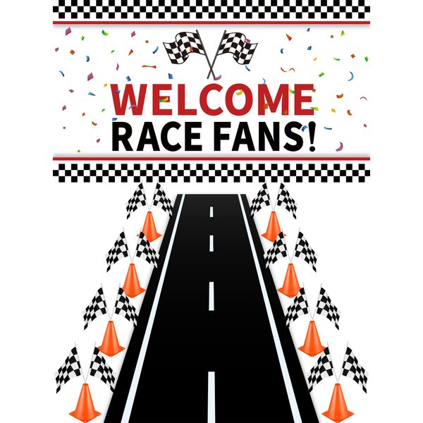 Remagr 26Pcs Race Car Party Decoration Include 1 Welcome Fans Backdrop 8 Mini Traffic Safety Cones 16 Racing Checkered Flags Long Racetrack Floor Running Mat for Theme Birthday Supplies