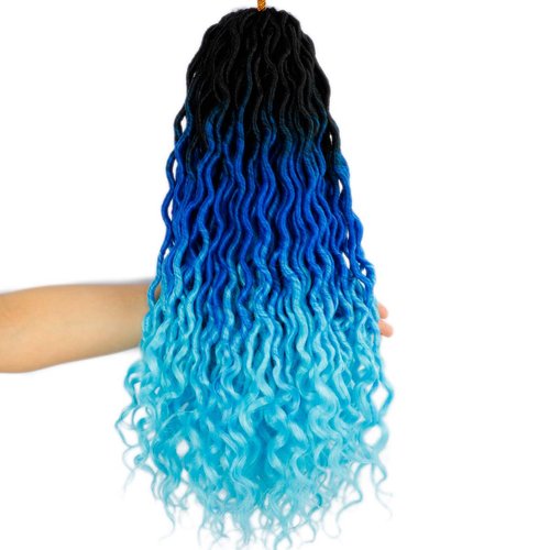 Ouyafei 5Pack Wavy Faux Locs Braids Crochet Hair 20inch Ombre Blue Braiding Hair Goddess Locs with Curly Ends Synthetic Twist Crochet Hair Extensions (1B/Blue/Light Blue#,500g/Lot)
