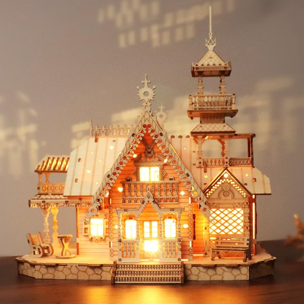 KWASVLYA Vintage Villa 3D Wooden Puzzle,DIY Kits for Adults and Teens,Nordic Design with LED Lights,Skill Building and Creative Fun