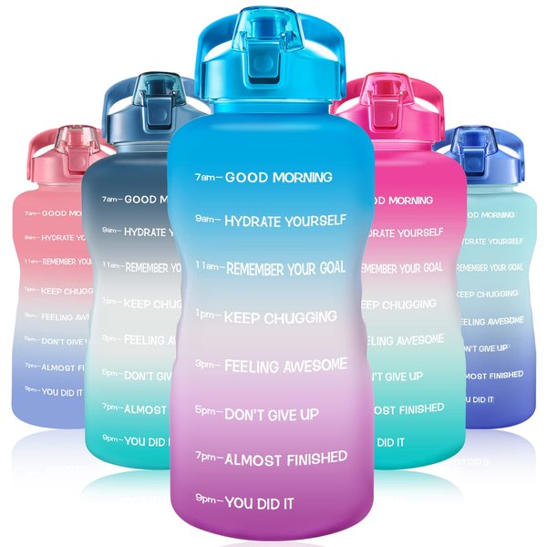 EYQ 128oz Leakproof Free Drinking Water Bottle with Motivational Time Marker, BPA Free for Fitness, Gym and Outdoor Sports (Green/Purple Gradient)