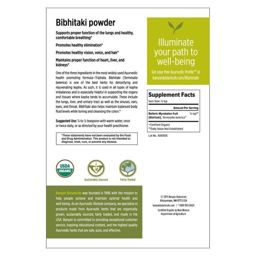 Banyan Botanicals Bibhitaki Powder - Certified Organic, 1/2 Pound - Terminalia belerica - Detoxification and Rejuvenation for kapha*
