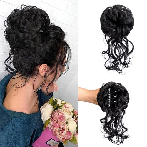 Claw Clip Messy Bun Hair Piece Tousled Updo Hair Buns Extension Elastic Hair Band Hair Pieces Curly Hair Bun Scrunchie For Women (Natural Black)