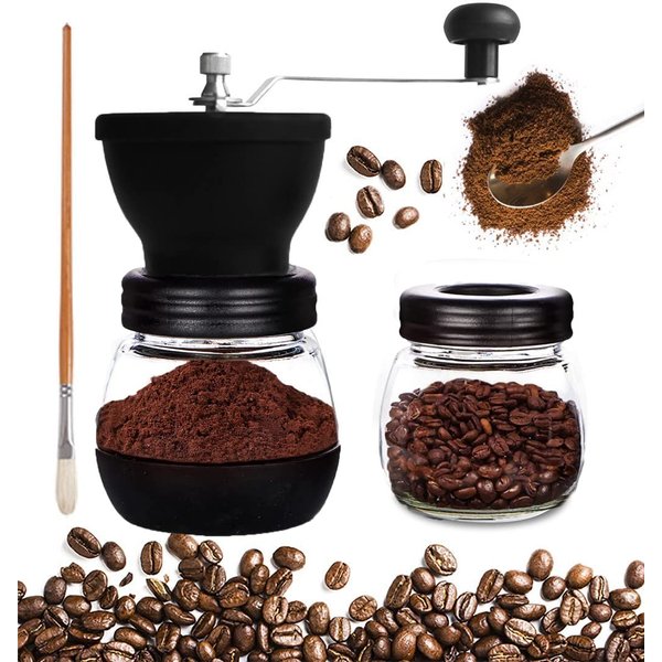 Mixpresso Manual Coffee Grinder Set, Hand Coffee Mill With Conical Ceramic Burr Two Glass Jars And Soft Brush, Manual Coffee Bean Grinder & Spice Grinder