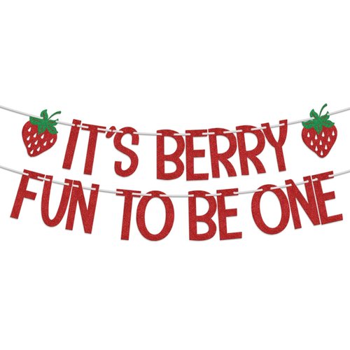 It's Berry Fun to be One Banner, Strawberry 1st Birthday Decorations, Berry Sweet One Baby Shower Decoration, First Baby Girls One Year Old Birthday Party Supplies Red Green
