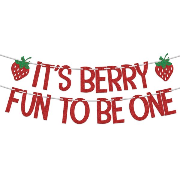 It's Berry Fun to be One Banner, Strawberry 1st Birthday Decorations, Berry Sweet One Baby Shower Decoration, First Baby Girls One Year Old Birthday Party Supplies Red Green