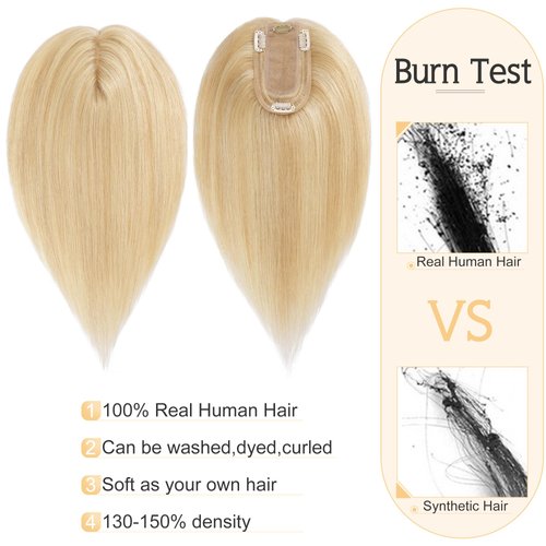 SEGO Human Hair Toppers for Women With Thinning Hair 7 * 13CM Silk Base 100% Real Human Hair Clip in Top Wiglet Hair Pieces //18 Inch No Bangs Ash Blonde&Bleach Blonde