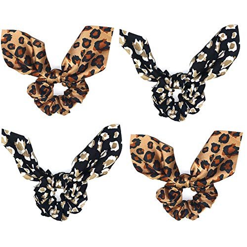 4 Pack Leopard Print Bunny Ears Hair Scarf Bow Ponytail Holder Hair Scrunchies Animal Print Scrunchies Elastic Hair Ties Hair Bands Hair Accessories Girls for Dance,Long Blonde Hair
