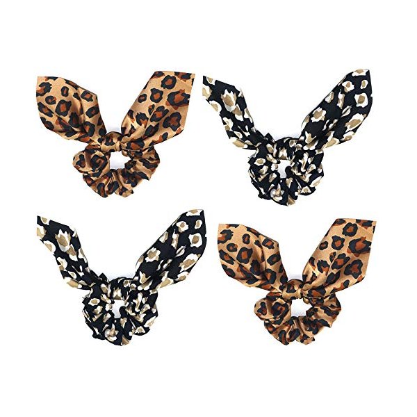 4 Pack Leopard Print Bunny Ears Hair Scarf Bow Ponytail Holder Hair Scrunchies Animal Print Scrunchies Elastic Hair Ties Hair Bands Hair Accessories Girls for Dance,Long Blonde Hair