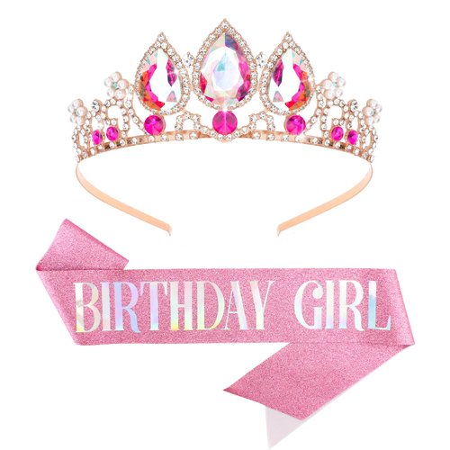 CIEHER Rapunzel Crown & Birthday Sash Set, Birthday Crown and Birthday Girl Sash for Women Girls, Birthday Decorations for Girls Birthday Gifts for Friends