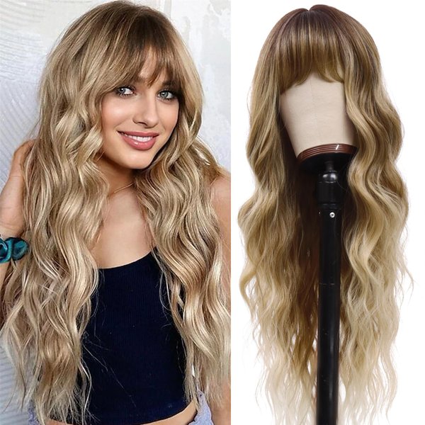 Blonde Wig with Bangs Long Curly Wigs for Women 26 Inch Dirty Blonde Curly Wavy Wigs with Dark Roots Synthetic Heat Resistant Curly Wig for Daily Party Use