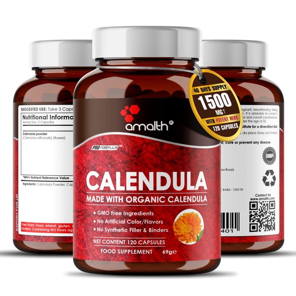 AMALTH Organic Calendula Powder 1500 mg, 150 Capsules, Organic Calendula (Calendula Officinalis) Dried Flower| Herbal Supplements