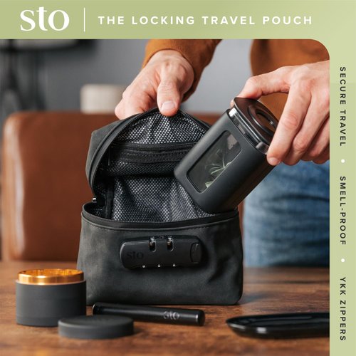 STO - Travel Storage Bag, Case with Combination Lock & Metal Tray - Carbon Filter Interior - Smell Proof - YKK Zippers - Black