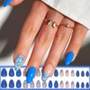 French Tips Press on Nails for Manicure Art with Flower Design, Glossy Gold Glitter Acrylic False Nails Gel Glue on Nails Blue Flower Short Almond Full Cover Fake Nails Stick on Nails for Women 30Pcs