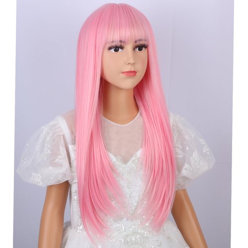 PATTNIUM Pink Wig with Bangs for Kids Child Pink Wig Girls Long Straight Light Pink Wig Synthetic Wig with Wig Cap