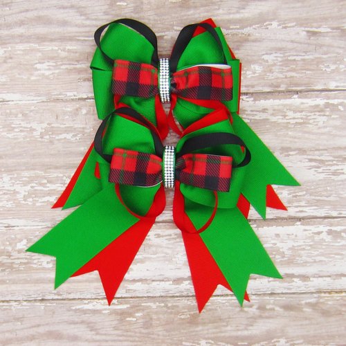 Red, Green & Black Plaid Equestrian Hair Bows-Available on French Barrette, Alligator Clip (French Barrette)