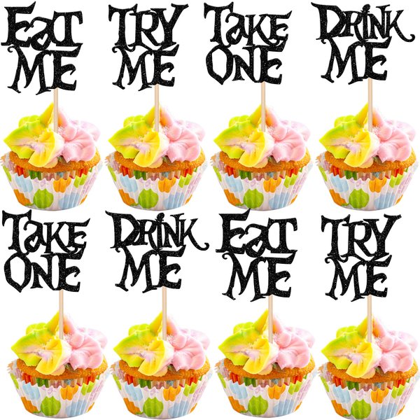 24 PCS Magic Alice Cupcake Toppers Glitter Try Me Take One Eat Me Cupcake Picks for Fairytale Wonderland Theme Baby Shower Kids Boys Girls Birthday Party Cake Decorations Supplies Black
