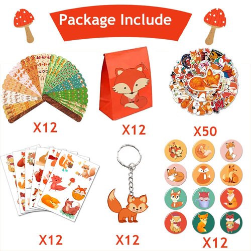 YYMYMGJ Fox Party Favors 110 PCS Fox Theme Slap Bracelets Sticker Key Chains Badge Temporary Tattoos Gift Bags for Kids Woodland Creatures Fox Birthday Party Baby Shower Jungle Safari Party Supplies