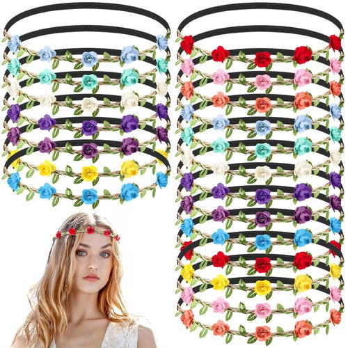 50 Pcs Multicolor Flower Headband Flower Crowns Wreath Headband Garland Floral Headband with Elastic Bohemian Fairy Ribbon Floral Crown Headpiece Hair Band Accessories for Girl Women Wedding Vacation