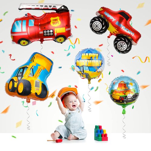 10 Pieces Transportation Birthday Party Decoration for Boys Car Balloons Ice Cream Cart School Bus Fire Truck Train Police Bulldozer Pickup Truck Truck Oval Balloons Foil Balloons