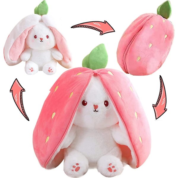 MIAODAM Bunny Stuffed Animal Reversible Cuddle Bunny Stuffed,Strawberry Bunny Transformed Rabbit Plush Zipper,Carrot That Turns Into Ears Bunnies Plushies Toy Cute Stuffy Doll Easter Girlfriend Gift