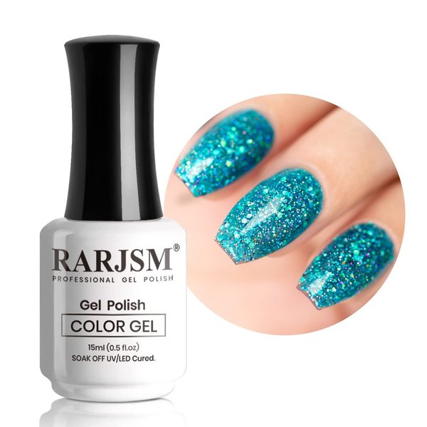 RARJSM Glitter Gel Nail Polish Lake Blue Sparkly Iridescent Rainbow Mermaid Blue Shimmer Holographic Nail Gel Polish Soak off Led UV Curing Required High Pigments Gel for Home Manicure Nail Art 15ml