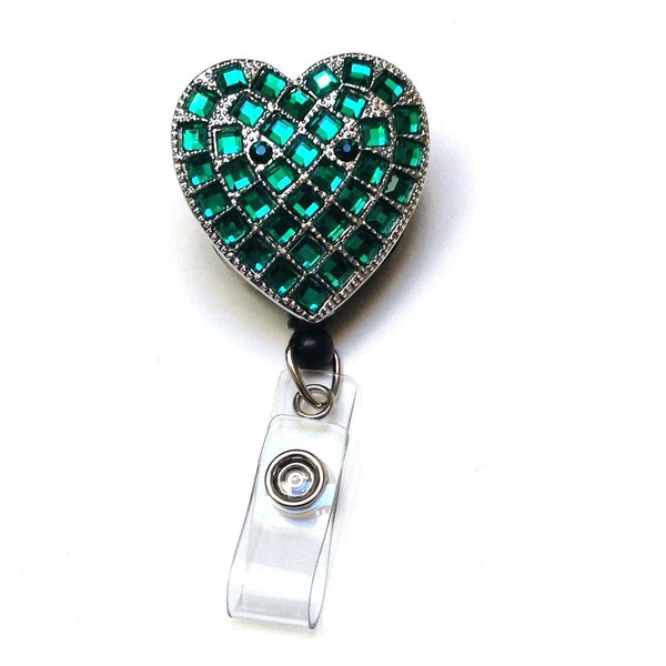 Sparkles! Sparkly Rhinestone Heart Retractable Badge Reel/ID Badge Holder/Brooch/Pendant/Id Badge Holder (Green)