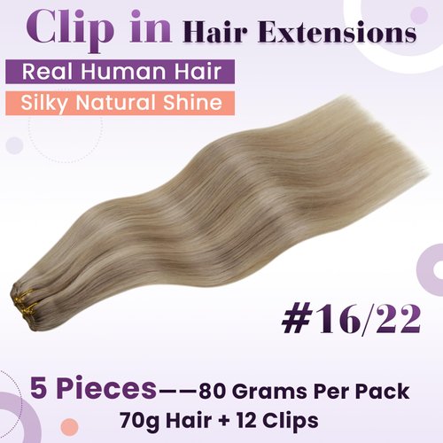 LaaVoo Clip in Hair Extensions Blonde Human Hair Extensions Clip ins Dark Ash Blonde Mix Light Blonde Highlights Clip in Hair Extensions Real Human Hair 14 Inch 5pcs 80g