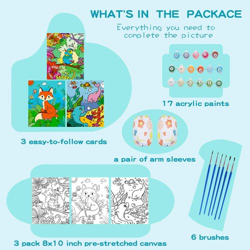 Volmop 3 Pack Paint by Numbers for Kids Ages 8-12,10 * 8" Color by Number for Kids Framed Canvas with 17 Acrylic Paints and 6 Brushes, Kids'Paint by Number, Arts and Crafts Art Supplies for Kids 4-8