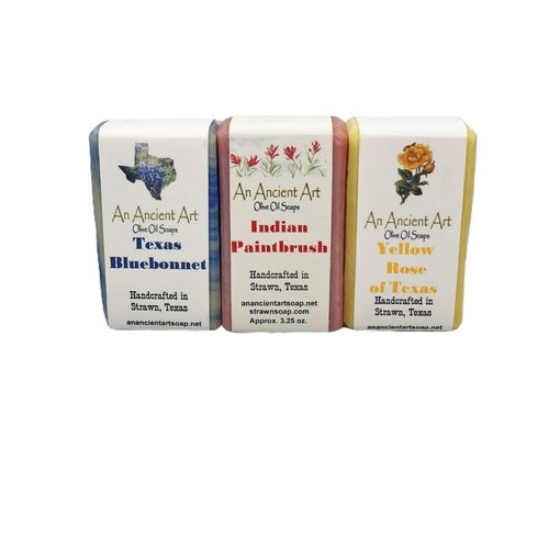 An Ancient Art’s Bar Soap Set of 3 Aprox. 3.25oz - All Natural Soap Handmade with Olive Oil, Palm Oil, and Coconut Oil (Texas Bluebonnet, Indian Paintbrush, Yellow Rose) - Gift Set (Texas Set)