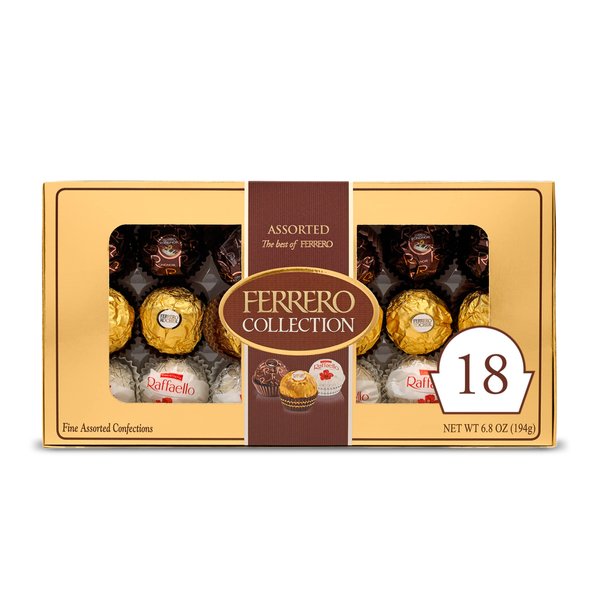 Ferrero Collection Premium Gourmet Assorted Hazelnut Milk Chocolate, Dark Chocolate and Coconut, 6.8 oz, 18 Count