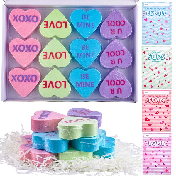 JOYIN 12 Packs Valentine’s Day Heart Shape Bath Bomb with Cards for Valentine Party Favors, Valentine Exchange Gifts, Valentine’s Greeting Cards