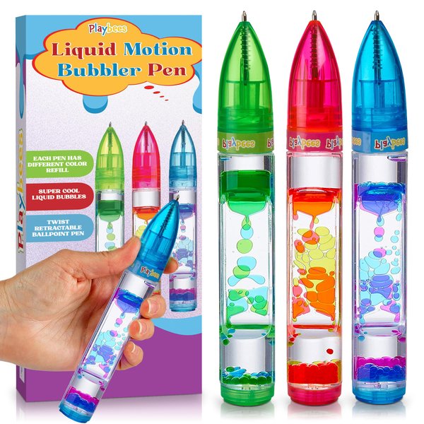 Playbees Liquid Motion Bubbler Pens Cool Pens for Kids (3 Pack) - Writes Like a Regular Pen - Colorful Liquid Timer Pens Great for Stress and Anxiety Relief - Cool Fidget Toys for Kids and Adults