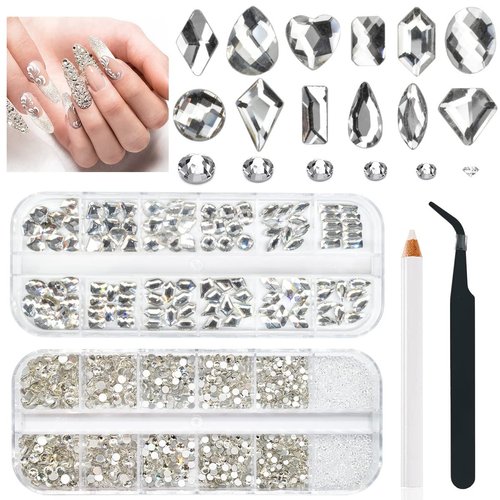 2630Pcs White Nail Rhinestones Crystal Clear Flatback Rhinestones Round Beads K9 Glass Gems Stones Nail Art Diamonds Jewels Multi Shapes Nail Charms for Nail DIY Face Eye Mackup Clothes Shoes Jewelry