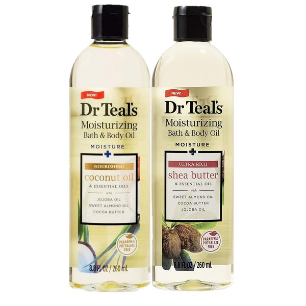 Dr Teal's Bath & Body Oil Variety Gift Set (2 Pack, 8.8oz Ea.) - Ultra Rich Shea Butter & Nourishing Coconut Oil - Essential Oils Hydrate Skin & Alleviate Daily Stress - At Home Spa Kit