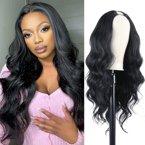 FBKDFCZS Body Wave V Part Wig Glueless Synthetic Long Wavy Wigs Upgrade U Part Wigs For Black Women Clip in Thin Part V Shape Wig Hair Extensions 24inch