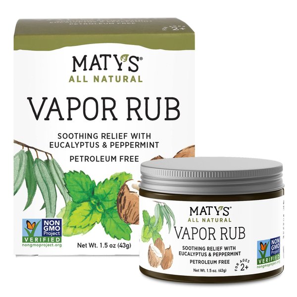 Maty's Vapor Rub for Adults and Kids Ages 2+, Natural Chest Rub, Petroleum Free, Made with Coconut Oil, Peppermint, Tea Tree & Eucalyptus, 1.5 oz