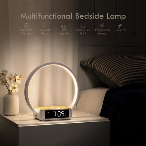 WILIT Bedside Table Lamp, Touch Lamp with Alarm Clock with Wireless Charging Wake-up Light, LED Desk Lamp 3-Grade Dimmable Nightstand Light for Bedroom, Living Room, Office