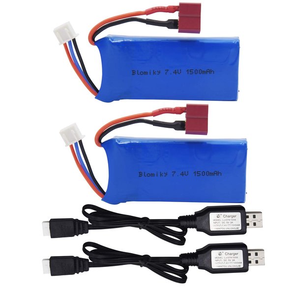 Blomiky 2 Pack 7.4V 1500mAh 40C Lipo 11.1Wh Rechargeable Battery T Plug and USB Charger Cable Suitable for 300E 302E 9155 9156 and WLtoys A979-B 12428 4WD RC Trucks /12428 Battery 2 Pack