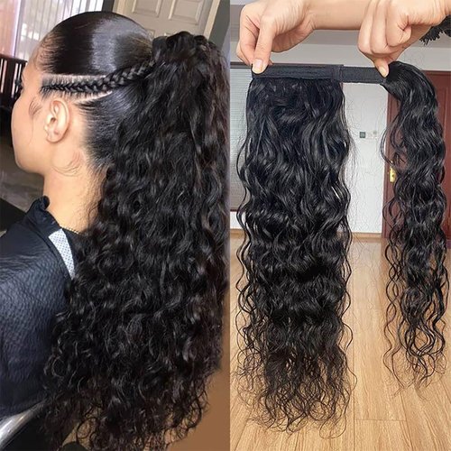 Ponytail Human Hair Extensions Magic Paste Ponytail Human Hair Extensions Water Wave Magic Paste Wrap Around Ponytail 100% Real Remy Hair Pony Tails Hair Extensions for Women 22 Inchs