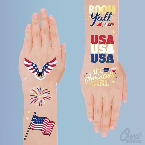 Ovasorve Fourth of July Temporary Tattoos for Kids, 30 Giltter Style Tattoos 4th of July Accessories America Red White and Blue Decorations USA Flag Decor Independence Day Memorial Day Labor Day