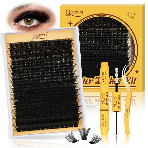 QUEWEL DIY Lash Extension Kit, Cluster Lashes Mixed 10-20mm Lash Clusters Kit with Lash Bond and Seal Waterproof, Lash Clusters Applicator, DIY Lash Extension at Home(200D RR-KIT)