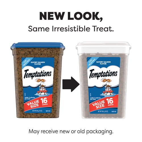 TEMPTATIONS Classic Crunchy and Soft Cat Treats Savory Salmon Flavor, 16 oz. Tub