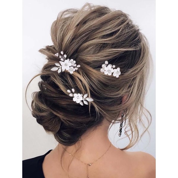 Earent Bride Wedding Flower Hair Pins Pearl Hair Accessories Leaf Headpieces Bridal Hair Pieces for Women and Girls(Pack of 3)