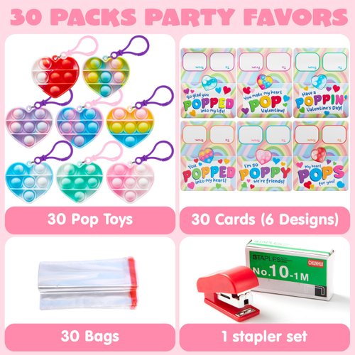 JOYIN 30 Packs Valentine’s Day Gift Cards with Heart Pop Bubble Keychain, Mini Pop Squeeze Toys, Stress Relief Fidget Toys for Kids Valentine's Party Favors, Classroom Exchange and Game Prizes