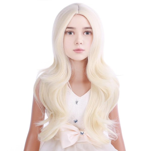 DUDUWIG Long Light Blonde Wigs for Girls Kids Long Wavy Curly Wig Light Blonde Middle Part Wigs for Child Synthetic Wig with Hair Net Include