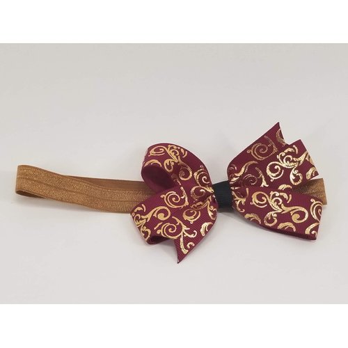 Burgandy with gold Scroll Headband Hair Bow