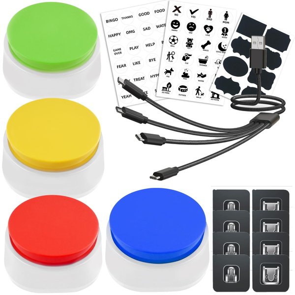 GreatStyler Rechargeable Dog Buttons for Communication Voice Recording Buttons for Kids Pets Cats Dog Training Talking Buttons Sound Button Recordable Answer Buzzer (4 Packs, Red+Yellow+Blue+Green)