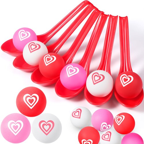 PullCrease 24 Pack Valentine Spoon Relay Race Toy Set for Kids Adults, Valentine Heart Ball and Spoon Race Game for Valentine's Day Indoor Outdoor School Class Party Supplies Favors (Red)