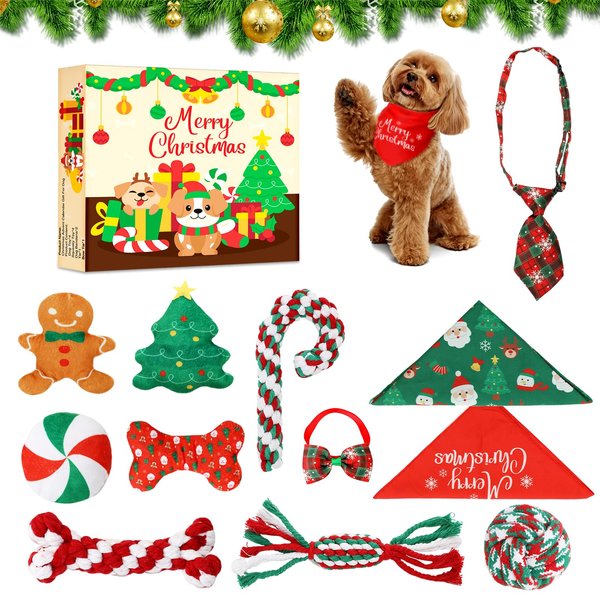Dog Advent Calendar 12 Days Countdown to Christmas for Small Medium Dogs Xmas Gift Squeaky Toys Interactive Toy Bow Tie Chew Toy Set Christmas Bandana Surprise Gift for Puppy