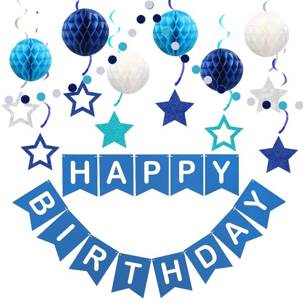Blue Happy Birthday Decorations,Happy Birthday banner,Blue Themed Happy Birthday Banner,Hanging Swirl,Honeycomb Ball and Circle Dot Garland Supplies for Birthday Party